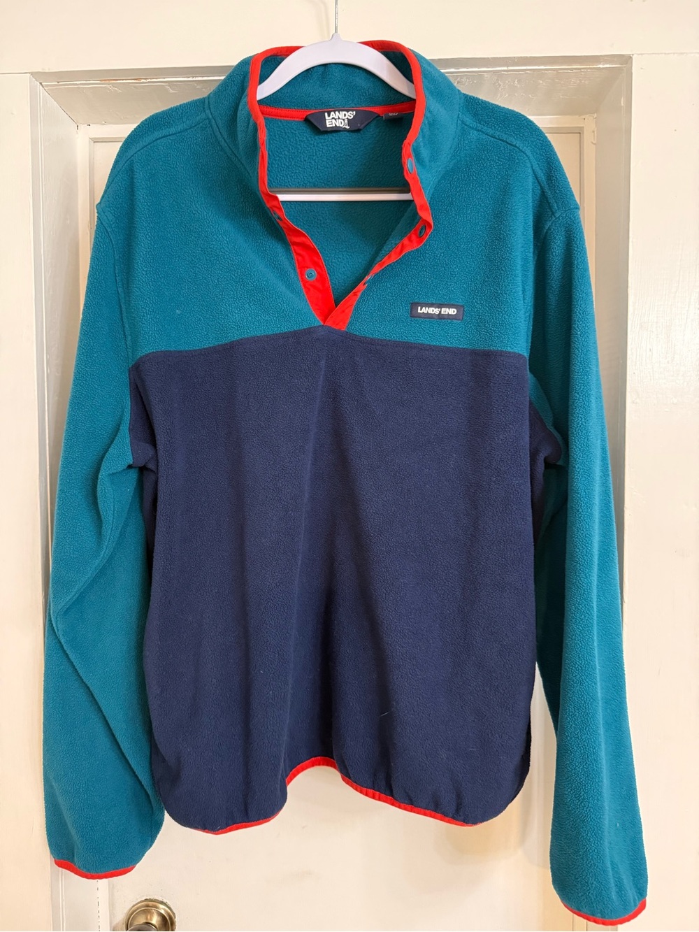 Vintage Lands' End Colorblock Fleece Pullover - Teal, Navy & Red Trim